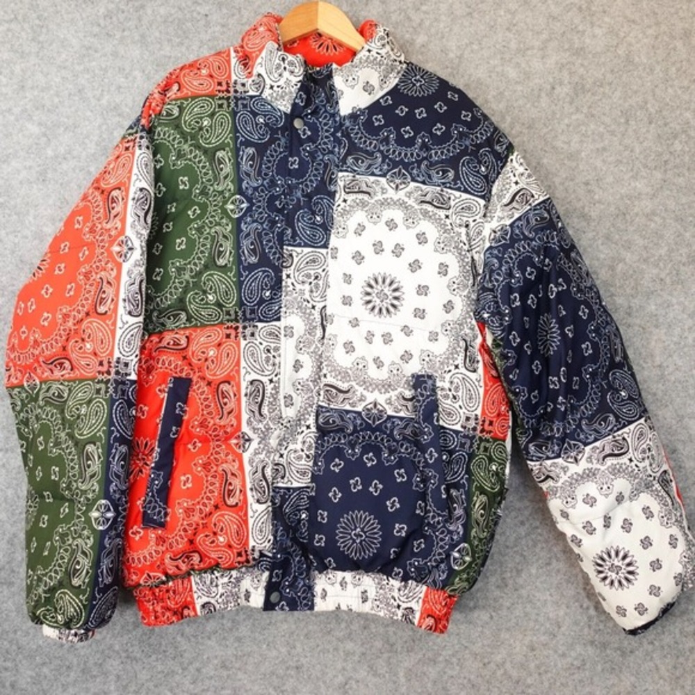 Y2K Harajuko Patchwork Jacket‎ Mens M Navy Red Bandana Paisley Puff MADE EXTREME